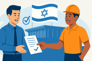 עובדים ישראלים מקבלים מסמכי דמי חל״ת מול בניין הכנסת ודגל ישראל ברקע